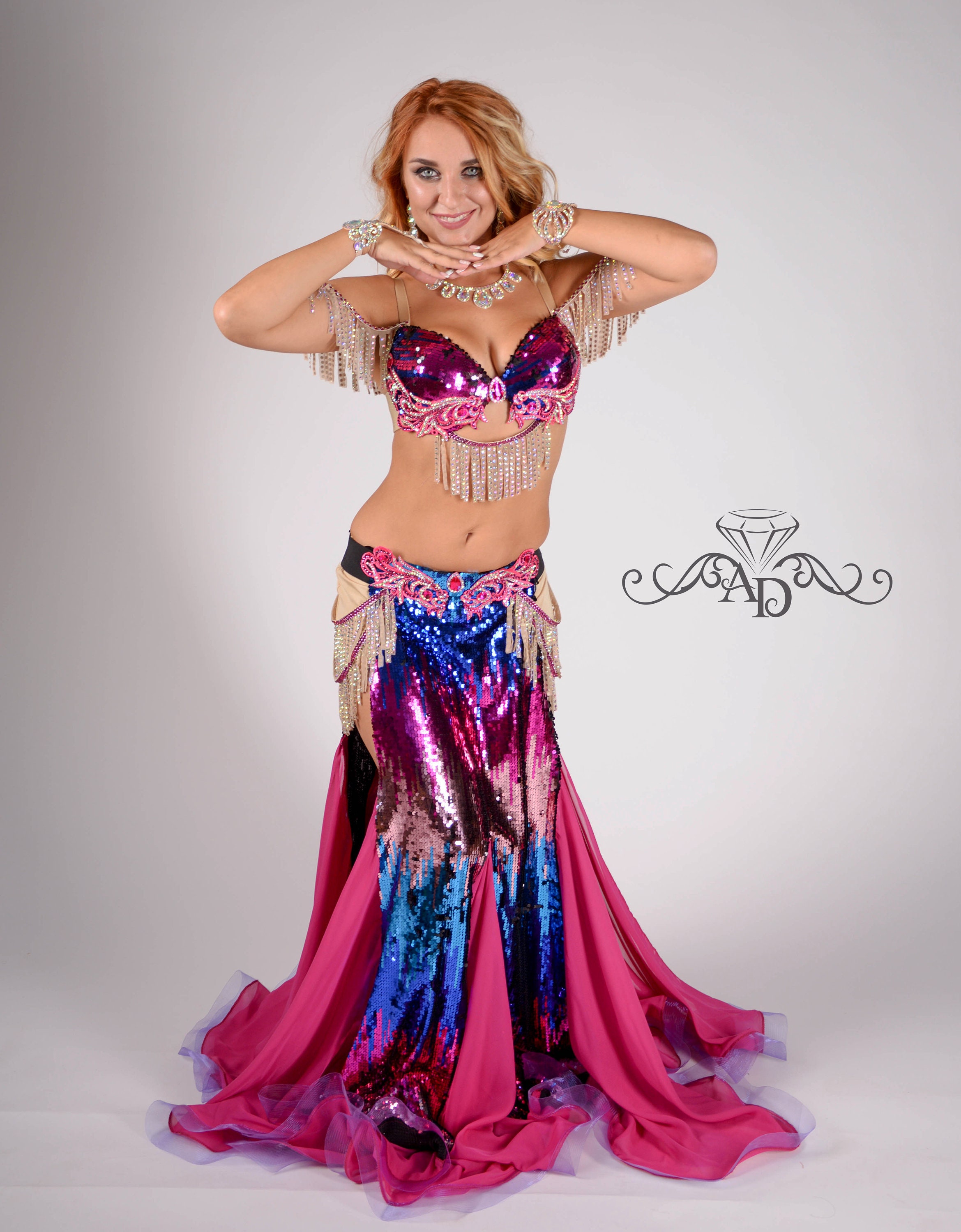 Oriental Egyptian Belly Dance Bedlah Beaded Bra &Skirt Dancing Costume 2Pc  Dress