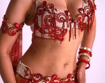 Professional Belly Dance Costume with Rhinestone Chain Fringe
