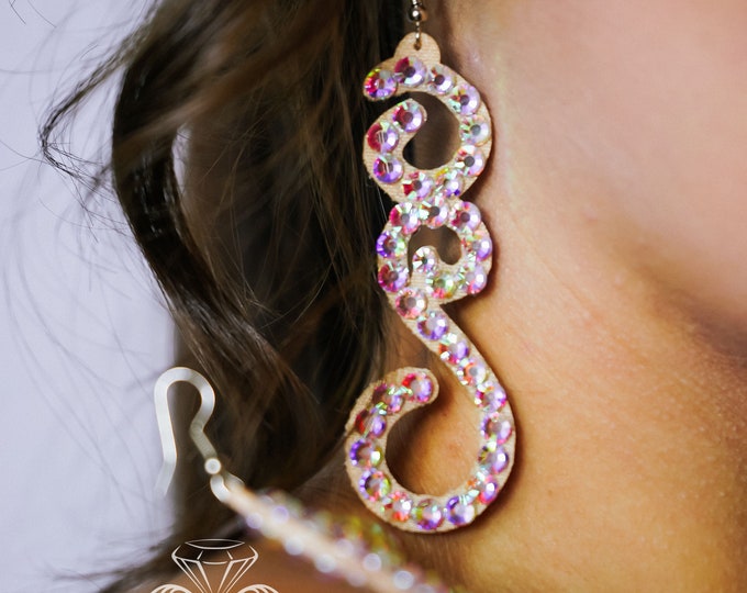 Long earrings by Amalia Design, ballroom earrings, bellydance earrings, dance earrings, ballroom dance jewelry, ballroom crystal earrings