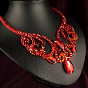 Red rhinestones dance necklace by Amalia Design, red ballroom necklace, red belly dance necklace, rhinestone necklace, ballroom jewelry