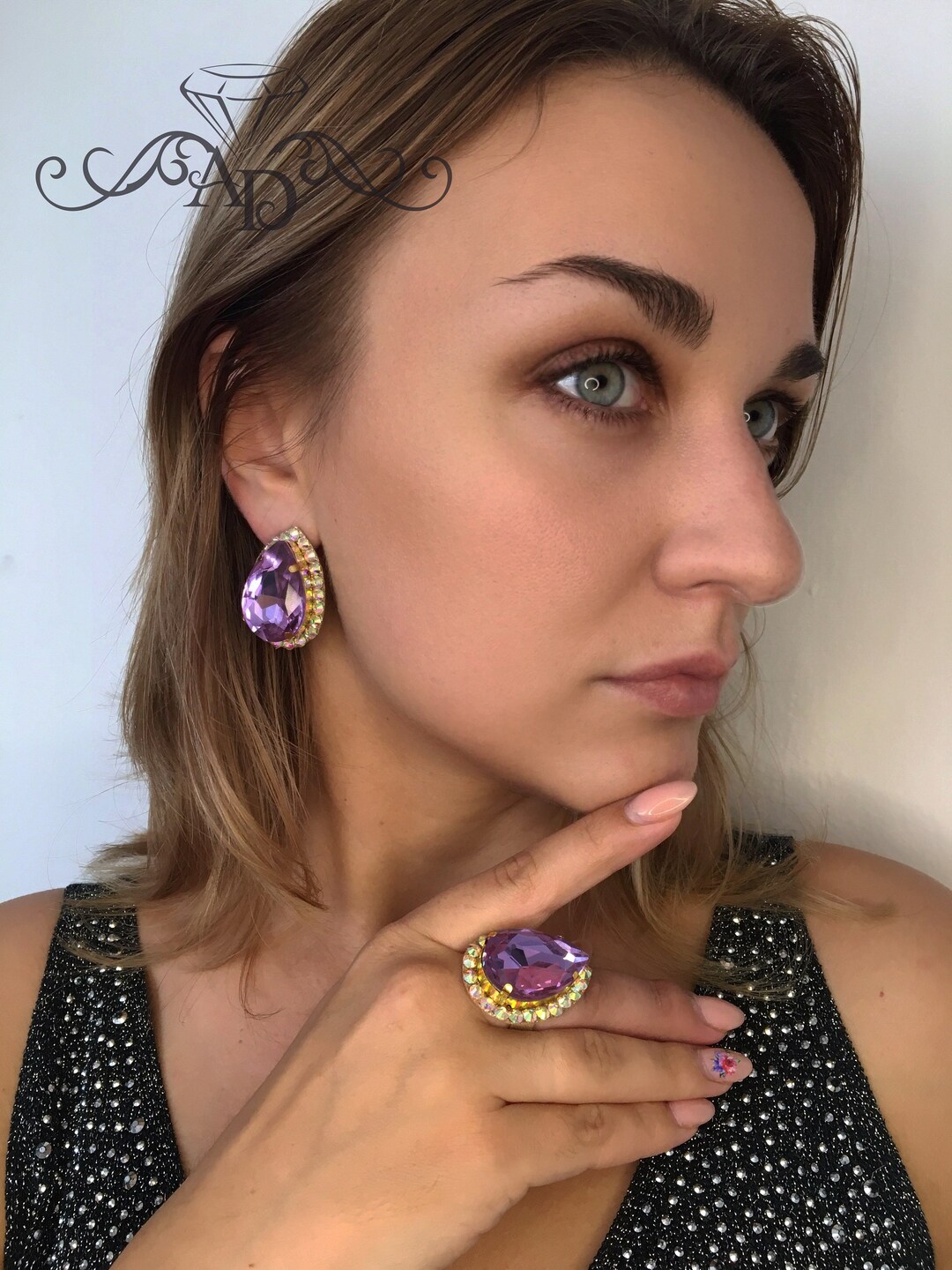 Set of Ring and Earrings, Light Purple Ring and Earring Set, Diamond