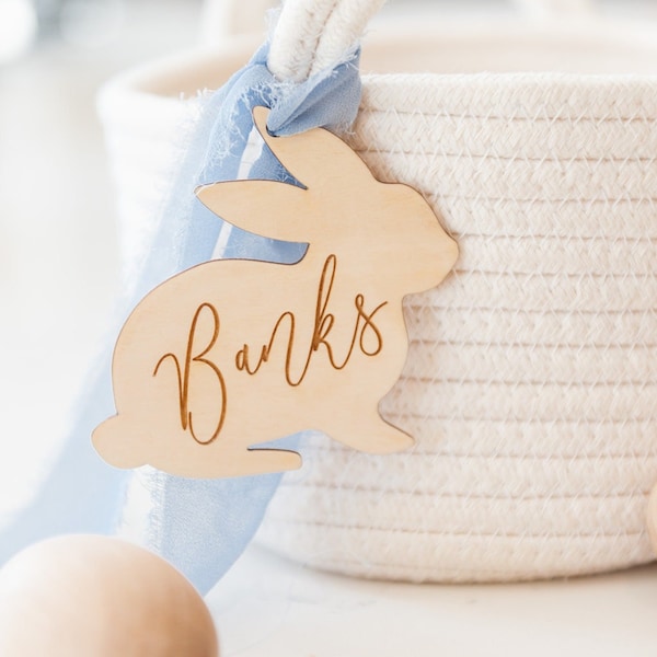Easter Basket Tags,  Easter Tags, Custom Name Tags, Minimalist Easter Tag, Wood Bunny Name Tag, Kids Simple Name Tag, Engraved Wood Tag