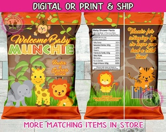 jungle baby shower chip bags/wrappers-safari baby shower-jungle party favors-jungle birthday-digital-print-jungle party-safari animals party