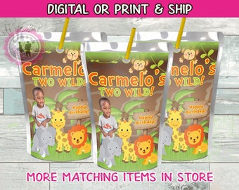 Two wild juice pouch stickers-digital-print-jungle party favors-safari party favors-animal party-jungle party-juice labels-juice stickers