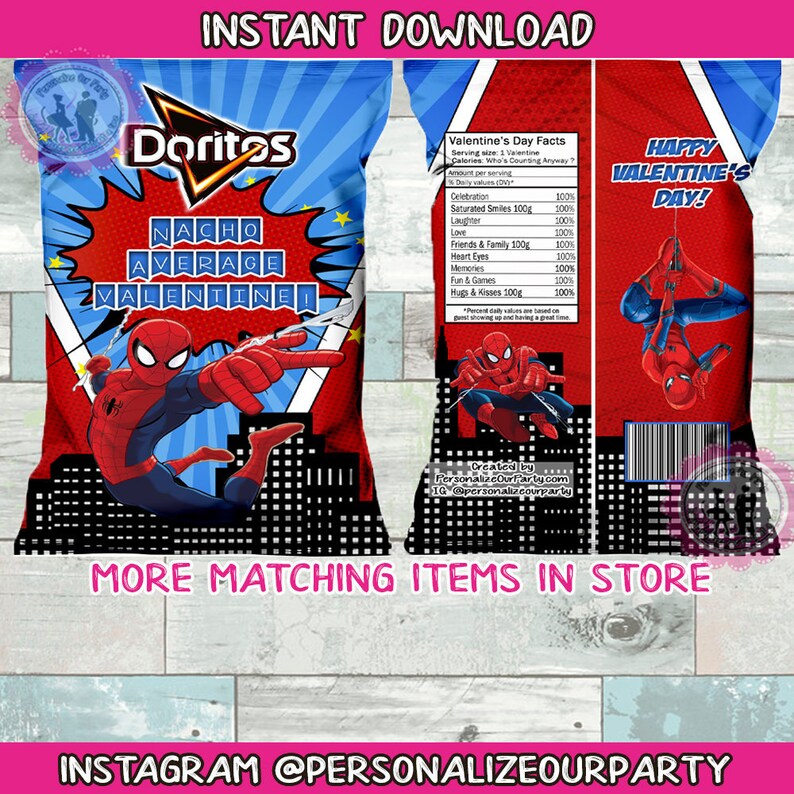 Spider-man nacho average valentine chip bag wrappers-INSTANT DOWNLOAD-spiderman valentines party favors-spider-valentine/'s day party favors