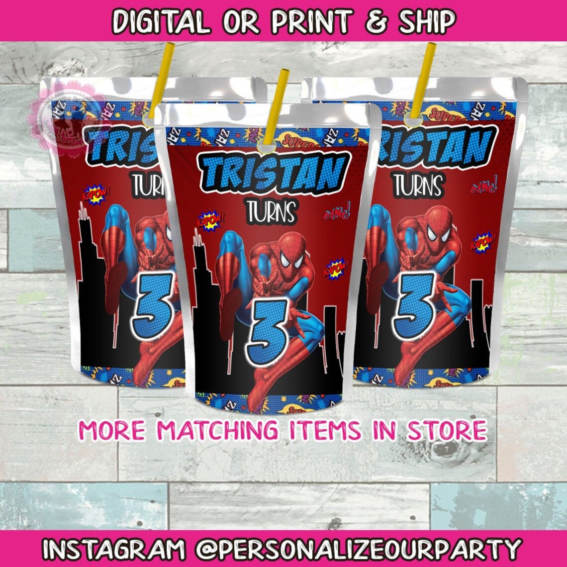Spiderman Juice Pouch Labelsdigitalprintspiderman Party Etsy