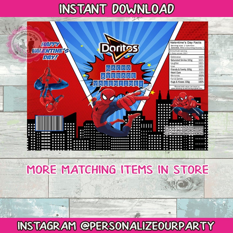 Spider-man nacho average valentine chip bag wrappers-INSTANT DOWNLOAD-spiderman valentines party favors-spider-valentine/'s day party favors