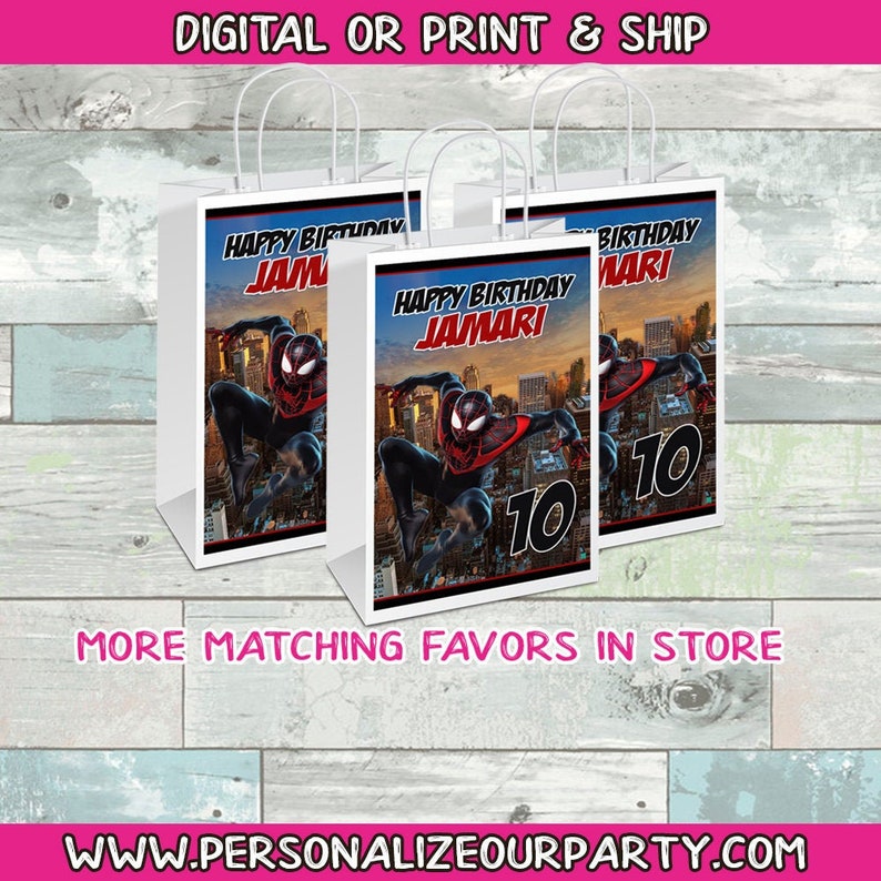 Spider-man party bagslabels-spider man party favors-spider man birthday party-black spider man-digital party favors-printed-treat bags