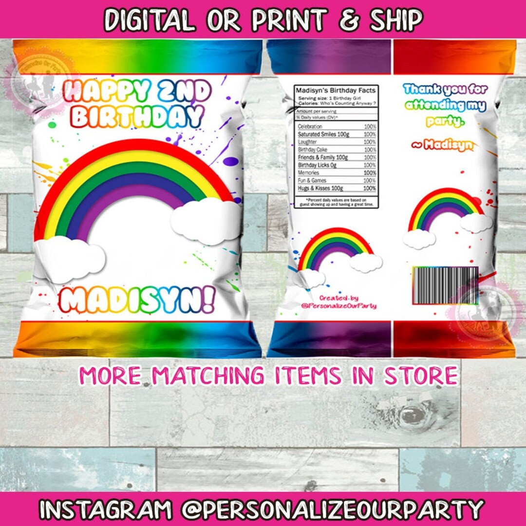 Rainbow Chip Bag/wrappersrainbow Party Favorsrainbow Birthdayrainbow Treat Bagsdigitalprint