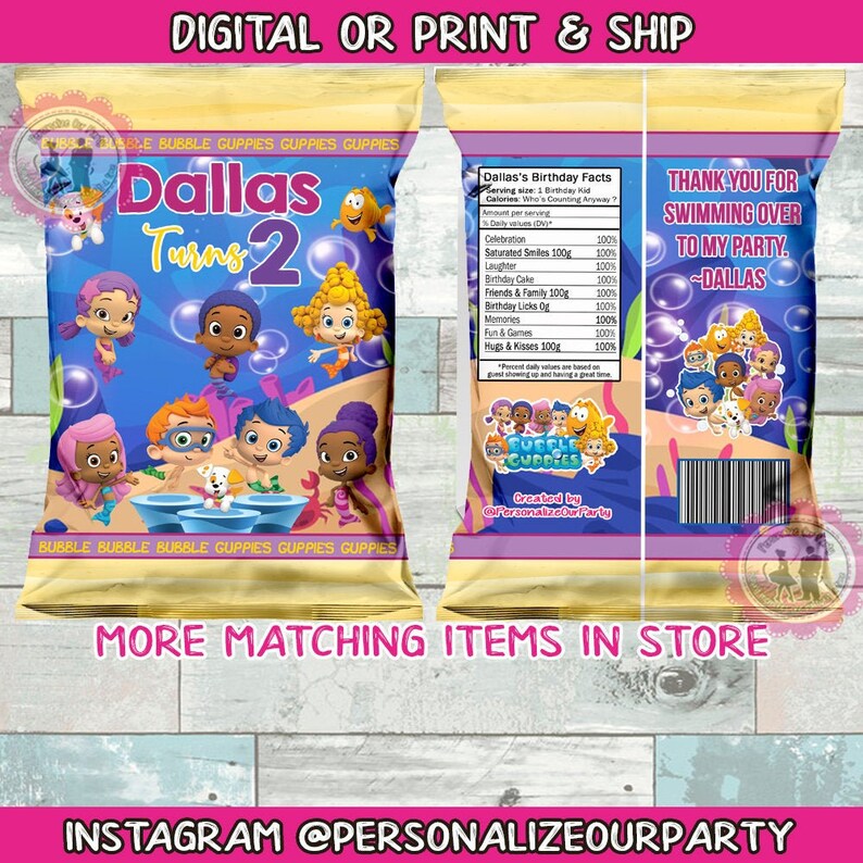 Download Girls Bubble Guppies Chip Bagswrappers Digital Printed Bubble Guppies Party Bubble Guppies Birthday Party Bubble Guppies Party Bags Party Party Favors Party Favors Games