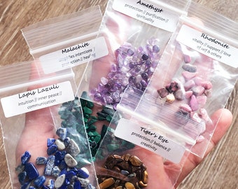 Crystal Chips Bundle ~ CHOOSE 5-34 Bags [1/4 oz each] DIY Crafts Mini Gemstone Samples Jewelry Orgonite Candles Soapmaking Wicca Chakra Tool