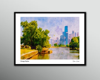 Watercolor Cityscape Poster, Chicago Poster, Watercolor Cityscape,  Chicago Print, Chicago Skyline Poster, Printable Art, Digital Art, Art