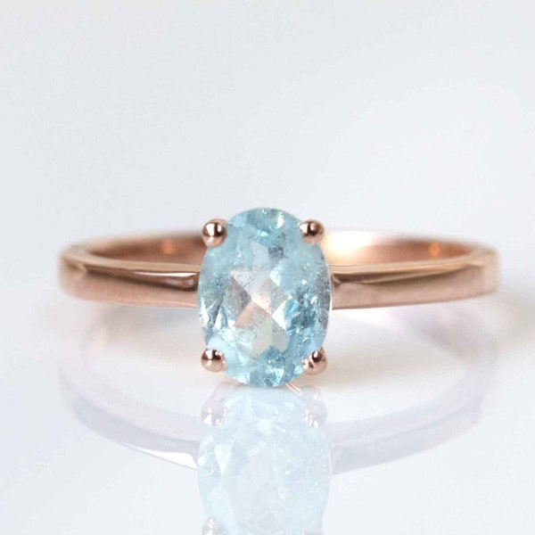 Natural Aquamarine Ring Rose Gold, March Birthstone, Gemstone Stacking Rings for Women