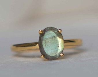 Labradorite Ring in 18k Gold Vermeil Gemstone, 8x6mm, Gifts for Women