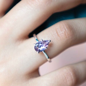 Silver Amethyst Ring Custom Cut Pear Teardrop Ring, February Birthstone, Genuine Amethyst Engagement Ring, Unique Jewelry Birthday Gift