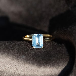 Aquamarine Ring Emerald Cut 14k Gold, Genuine Gemstone Engagement Rings for Women, March Birthstone, Wedding Bridal, Something Blue gifts