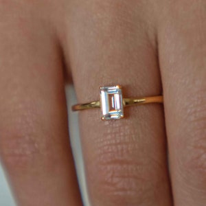 Genuine White Topaz Ring, Dainty Emerald Cut Engagement Ring, April Birthstone, Gift For Her