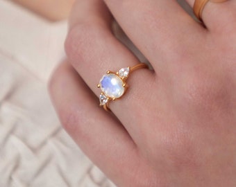 Moonstone Ring Gold Vermeil, Natural Gemstone Moonstone Engagement Ring, Minimalist Gifts for Women, Unique Holiday Gift for Her Handmade