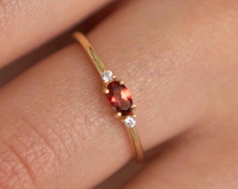Garnet Gold Ring Dainty, January Birthstone Ring, Stacking Minimalist Garnet Ring Gold Band, Promise Ring, Best Birthday Gift for Girls