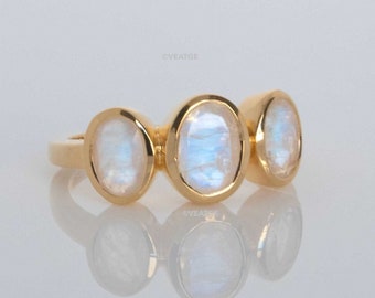 Three Moonstone Ring Gold, High Grade Natural Gemstone, Moonstone Gold Ring, Statement Ring, Best Gifts for Mom, Unique Mother's Day Gift