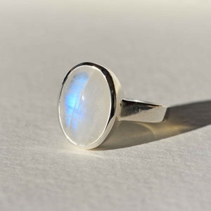 Moonstone Ring, Large Gemstone Oval Statement Ring in Sterling Silver with Blue Flash