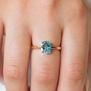 Swiss Blue Topaz Ring in 14k Gold Vermeil, December Birthstone Blue Topaz Natural Gemstone Jewelry, Minimalist Handmade Gifts for Women