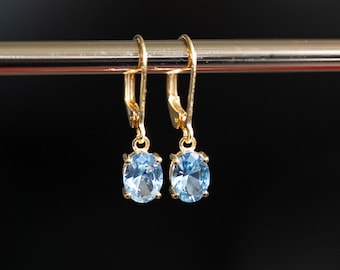 Aquamarine Gold Earrings, Dangle Drop Earrings, March Birthstone, Minimalist Something Blue jewelry, Birthday Gift for Mom Wife Friend Her