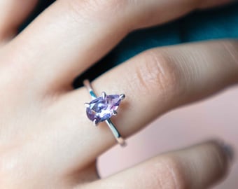 Silver Amethyst Ring Custom Cut Pear Teardrop Ring, February Birthstone, Genuine Amethyst Engagement Ring, Unique Handmade Jewelry Gift