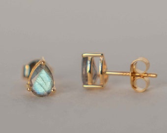 Labradorite Pear Studs Earrings in Gold Vermeil, Natural Gemstone, Gifts for Her, Gift for Girls, Best Friend Gifts, Minimalist Earrings