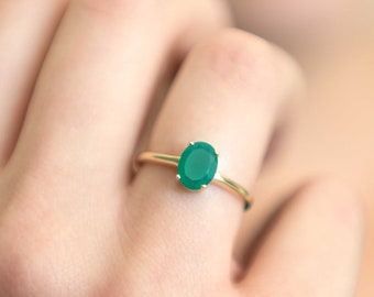 Green Onyx Gemstone Ring Gold Vermeil 14k, Minimalist Gift for her