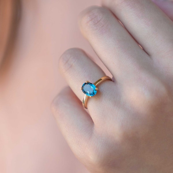 Genuine London Blue Topaz Ring in Gold Vermeil, Minimalist Gifts for Women, Alternate Wedding Engagement Birthday, Rings for Women