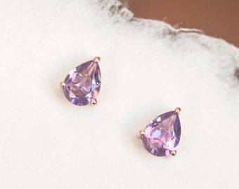 Amethyst Studs Pear Shape, February Birthstone Gifts for Girls, Amethyst Earrings for Women, Rose Gold Unique Jewelry Best Gifts for Girls