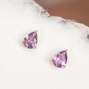 Amethyst Studs Pear Shape, February Birthstone Gifts for Girls, Amethyst Earrings for Women, Rose Gold Unique Jewelry Best Gifts for Girls