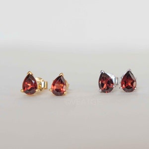 Garnet Stud Earrings Pear Shape in 925 Sterling Silver and 14k Gold Vermeil, Natural Gemstone, January Birthstone, Birthday Gift for Girls