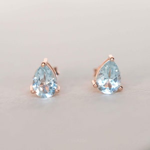 Blue Topaz Minimalist Earrings, Pear Shape Studs in Gold Rose Gold Silver, December Birthstone, Best Gift Daughter, Birthday Gift for Girls