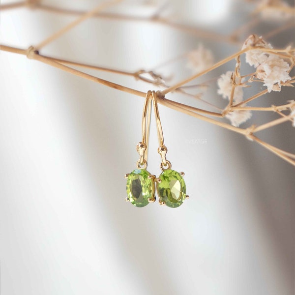 Handmade Peridot Gemstone Drop Earrings – Lab Created Green Stone, Silver Plated, 2.05 Inches Long