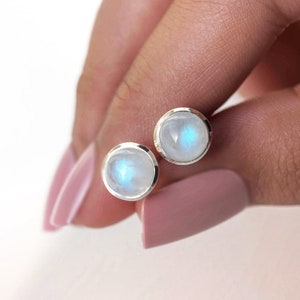Silver Moonstone Studs Medium, Sturdy Bezel Earrings, Natural Moonstone Studs Blue Flash Sterling Silver Gemstone Earrings 7mm