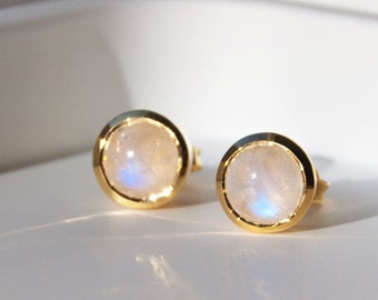 Moonstone Gold Vermeil Studs Earrings, Minimalist Gemstone June Birthstone