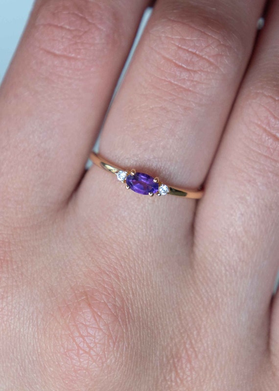 Amethyst Gold Ring Dainty: February Birthstone Natural Gemstone, Stacking Minimalist Promise Ring, Best Birthday Gift for Girls
