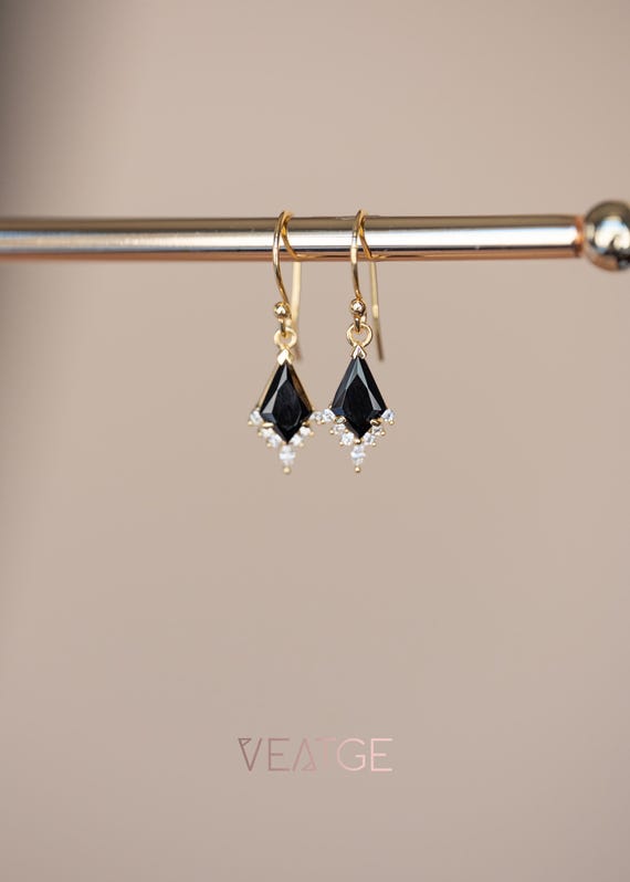 Art Deco Black Onyx Earrings Gold, Dangle Drop Earrings Natural Black Onyx Gemstone, Elegant Earrings Gift for Women, Unique Birthday Gift