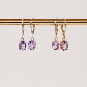 Minimalist Amethyst Drop Earrings in Gold Vermeil, Natural Gemstone Amethyst Dangle Closed Leverback Hook, February Birthstone Gift for Her