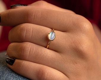 Dainty Moonstone Ring Gold, Moonstone 14k Gold Vermeil Stackable Ring, Minimalist Moonstone Jewelry, June Birthstone Birthday Gifts for Her