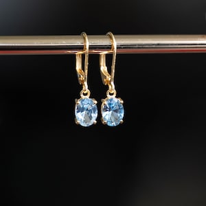 Aquamarine Gold Earrings, Dangle Drop Earrings, March Birthstone, Minimalist Something Blue jewelry, Birthday Gift for Mom Wife Friend Her