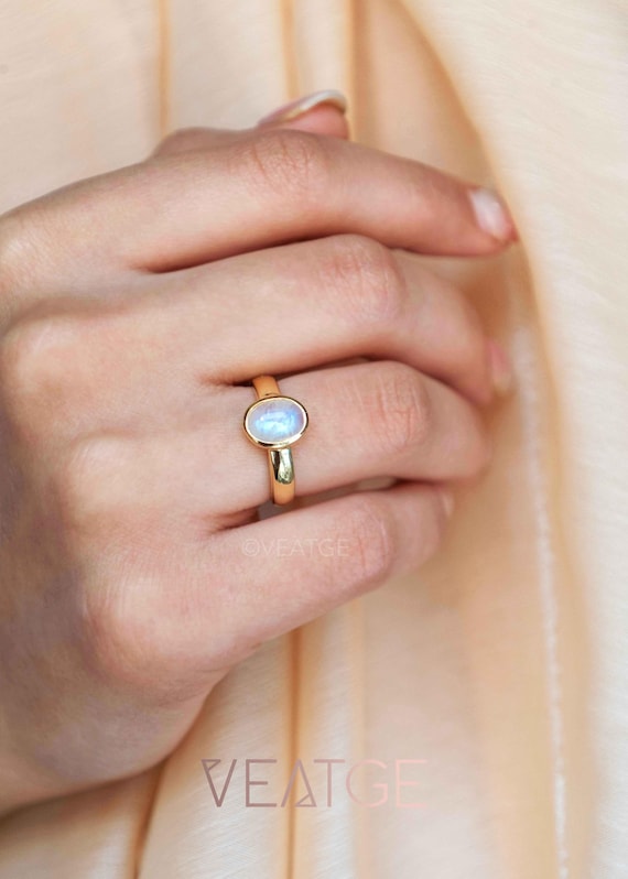 Natural Rainbow Moonstone Ring, June Birthstone, Thick Band Gold Moonstone Ring, Birthday Mom Wife Anniversary Gift, Unique Holiday Gifts