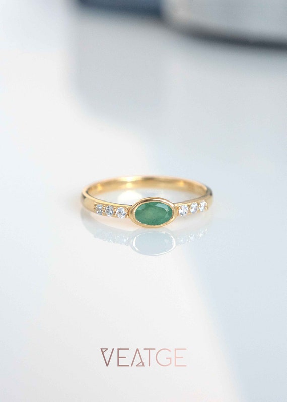 Natural Emerald Ring, Dainty Minimalist Wedding Band, May Birthstone Jewelry Birthday Gifts, Promise Ring, 14k Gold Vermeil Stacking Rings