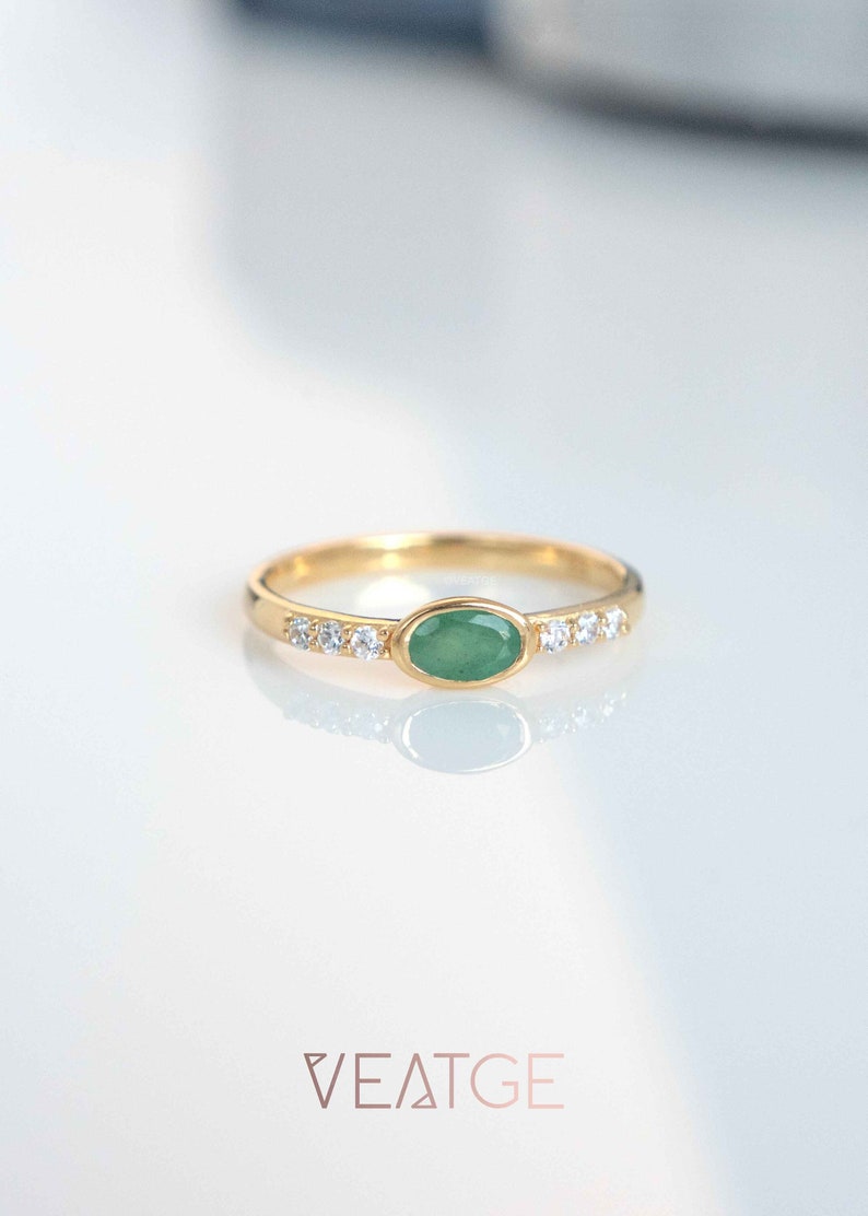 Natural Emerald Ring, Dainty Minimalist Wedding Band, May Birthstone Jewelry Birthday Gifts, Promise Ring, 14k Gold Vermeil, Stacking Ring