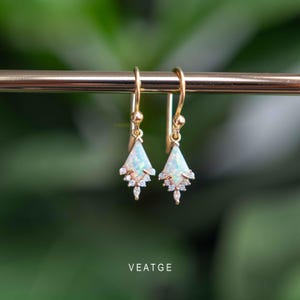 Unique Opal Dangle Earrings, October Birthstone Earrings, Custom Kite Cut, Birthday Gift for Women, Gold Dangle Earrings White Opal Handmade