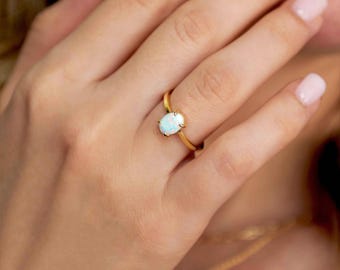 1.25 ct Dainty Opal Ring in Gold and 925 Sterling Silver, October Birthstone Jewelry, Silver Opal Engagement Ring, Minimalist Birthday Gift