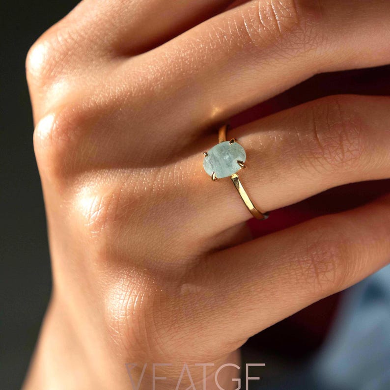 Aquamarine Ring Natural Gold Band, March Birthstone, Birthday Gifts for Women, Mom's birthday, best friends birthday