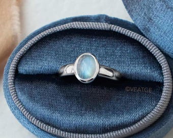 Genuine Moonstone Ring in 925 Sterling Silver, 1.25ct. Sturdy Bezel Ring Rhodium Coated, June Birthstone, Unique Birthday Gifts for Mom Wife